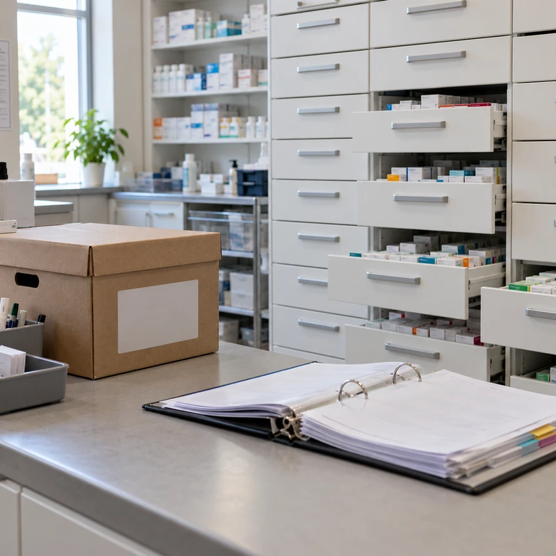 Archives comptables et classeur préparés dans l'arrière-boutique d'une officine en vue de la vente de pharmacie