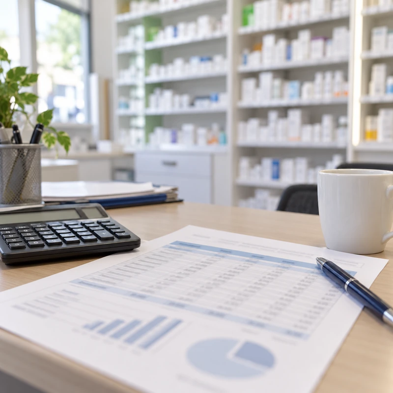 Plan de financement intégrant les frais d'achat d'une pharmacie, posé sur un bureau d'officine
