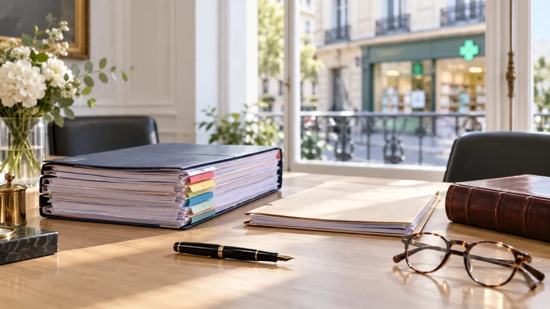 Dossiers de cession de parts et de vente du fonds de pharmacie sur le bureau d'un notaire, une officine visible par la fenêtre
