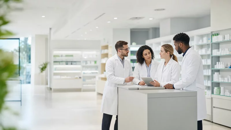 Pharmaciens échangeant sur la cession d'une officine à un adjoint salarié