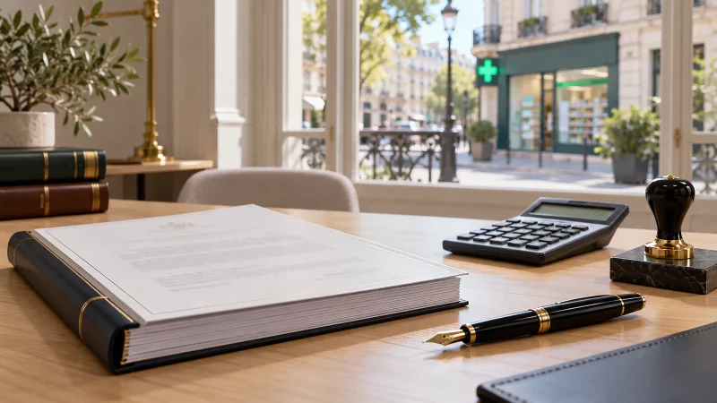 Acte de cession, calculatrice et tampon sur un bureau pour calculer les droits d'enregistrement à l'achat d'une pharmacie