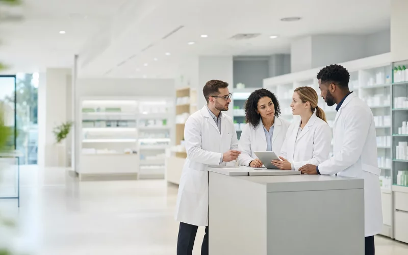 Pharmaciens échangeant sur la cession d'une officine à un adjoint salarié