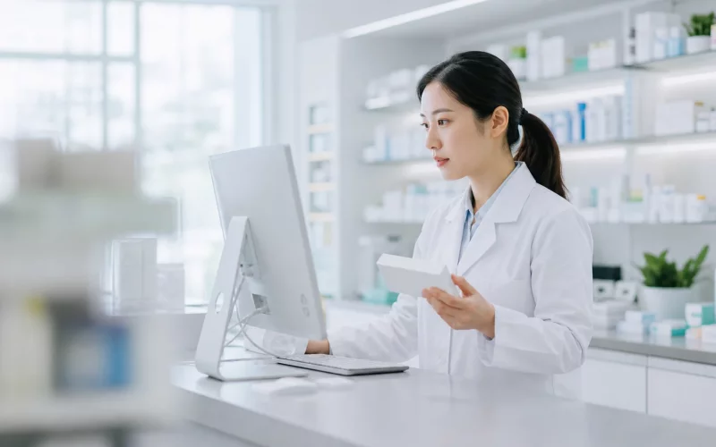 Pharmacien analysant les données de prix de cession d'officines