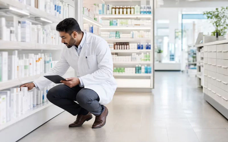 Pharmacien réapprovisionnant les rayons de médicaments génériques
