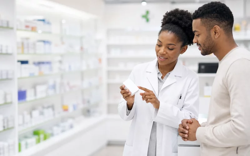 Pharmacien consultant des données sur tablette pour son installation