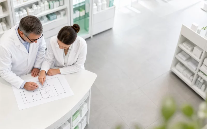 Pharmacien au comptoir consultant des documents administratifs