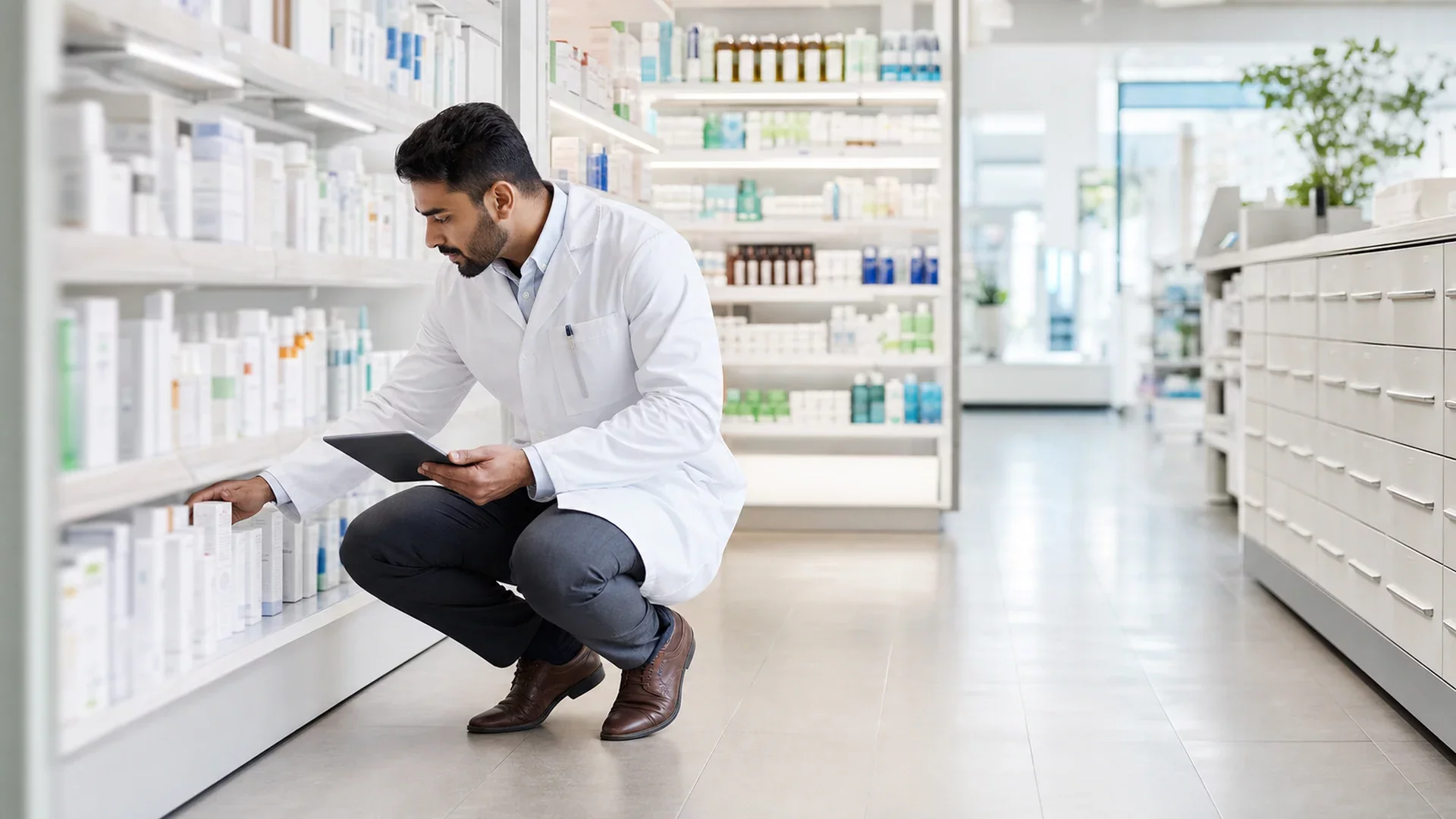 Pharmacien réapprovisionnant les rayons de médicaments génériques