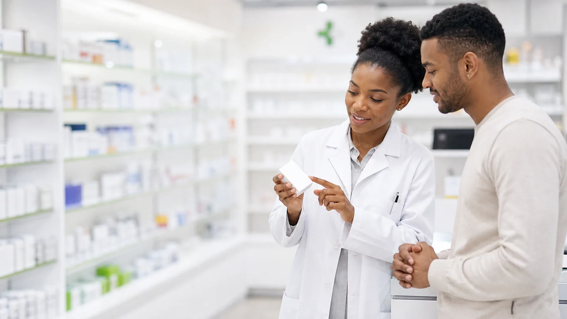 Pharmacien consultant des données sur tablette pour son installation