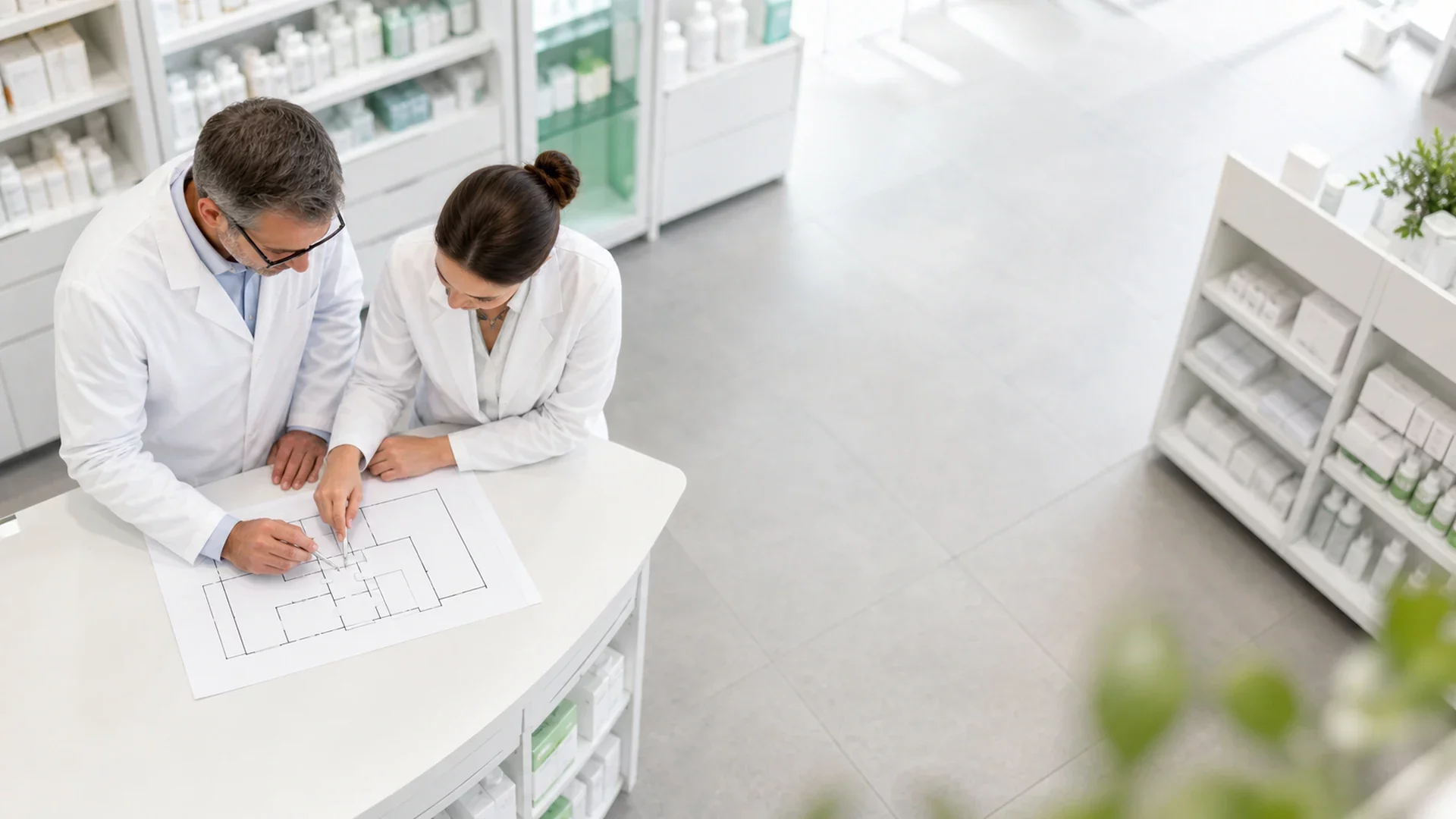 Pharmacien au comptoir consultant des documents administratifs