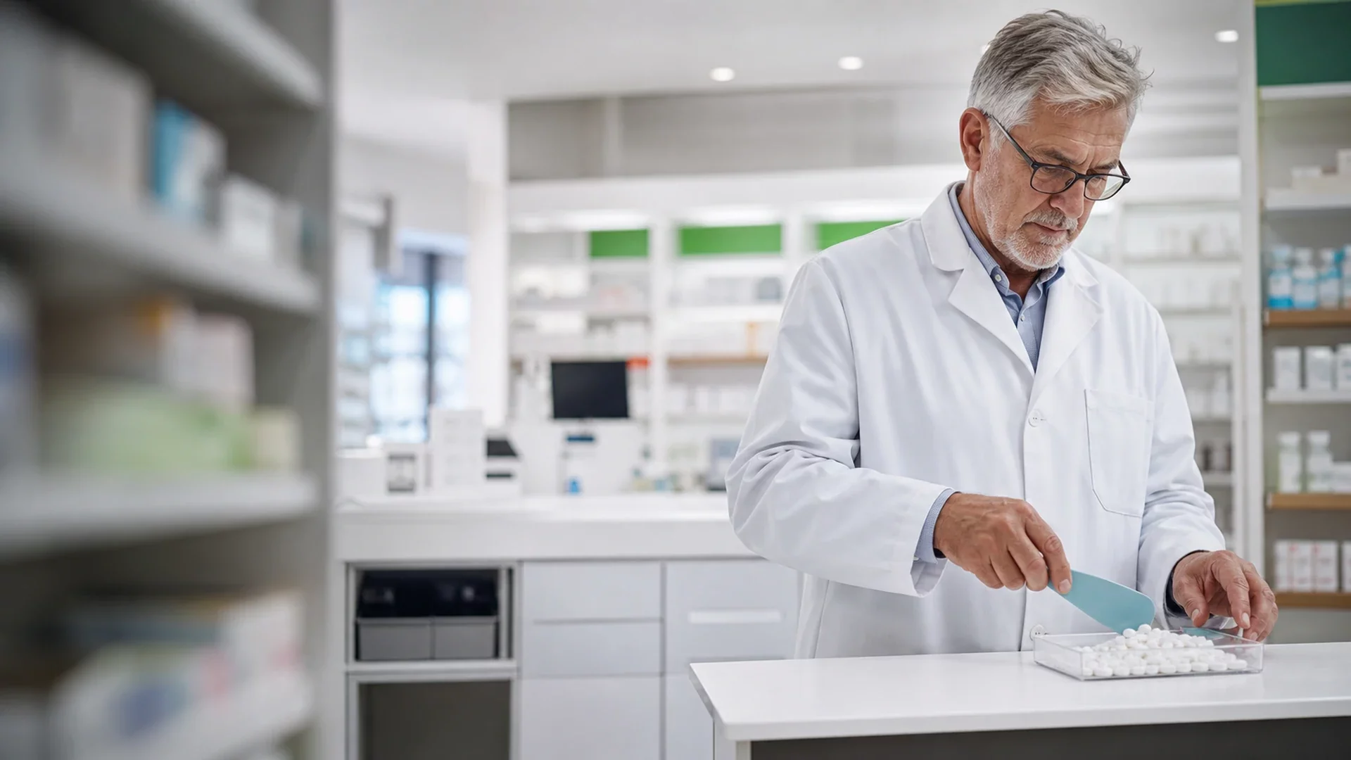 Pharmacien réalisant un audit sur tablette