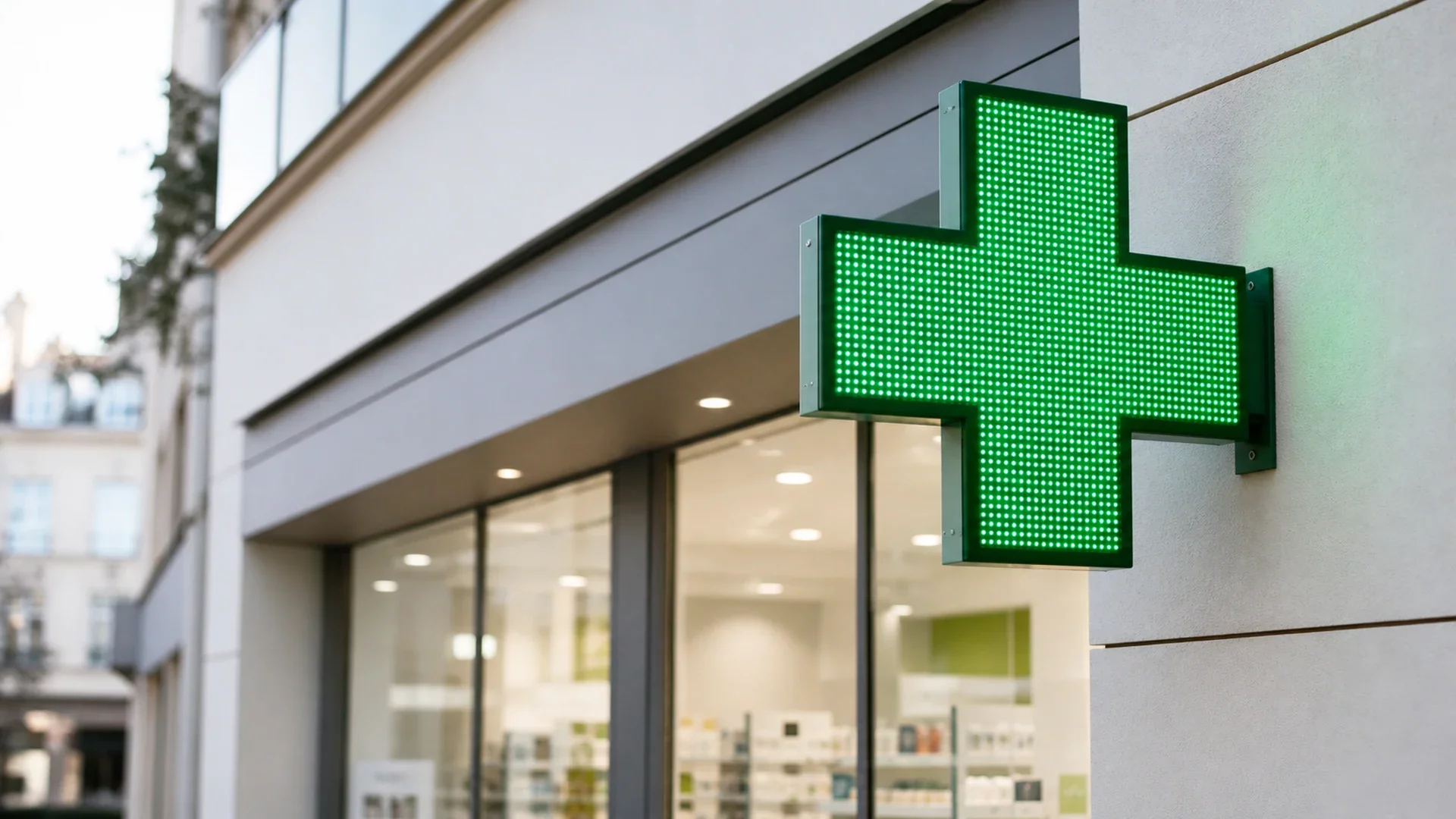 Enseigne croix verte d'une officine du réseau PSP Pharma