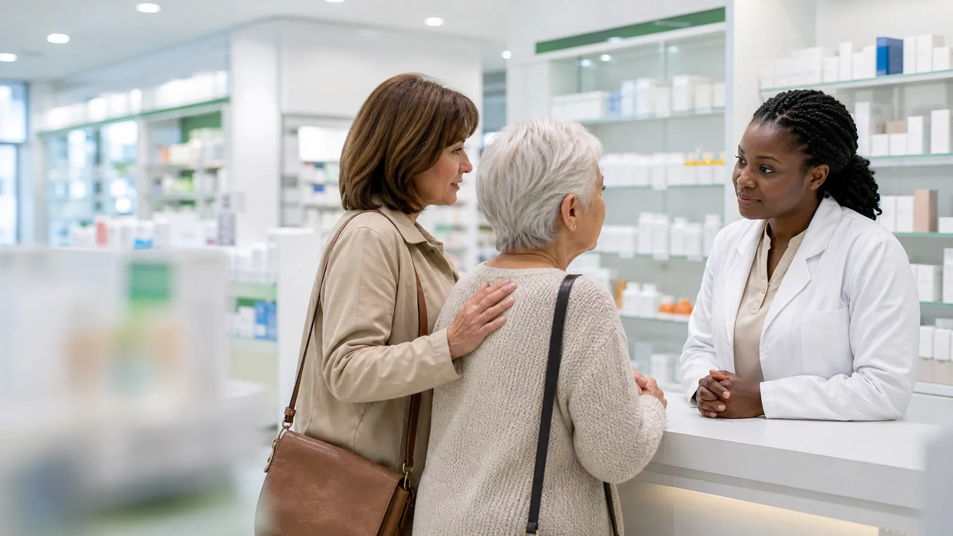 Pharmacien accompagnant un client pour la vente de son officine